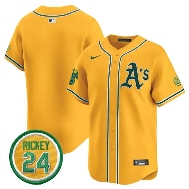 Mens Oakland Athletics Blank Yellow 2024 Limited With Rickey Henderson Patch Stitched Jersey Dzhi